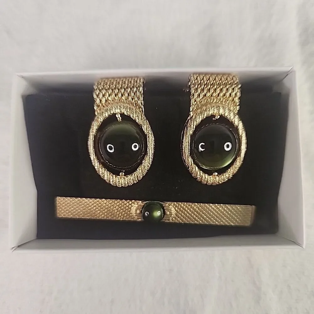 Cufflinks & Tie Clip Swank Gold Tone Green Cabochon Wraparound Mesh Vintage